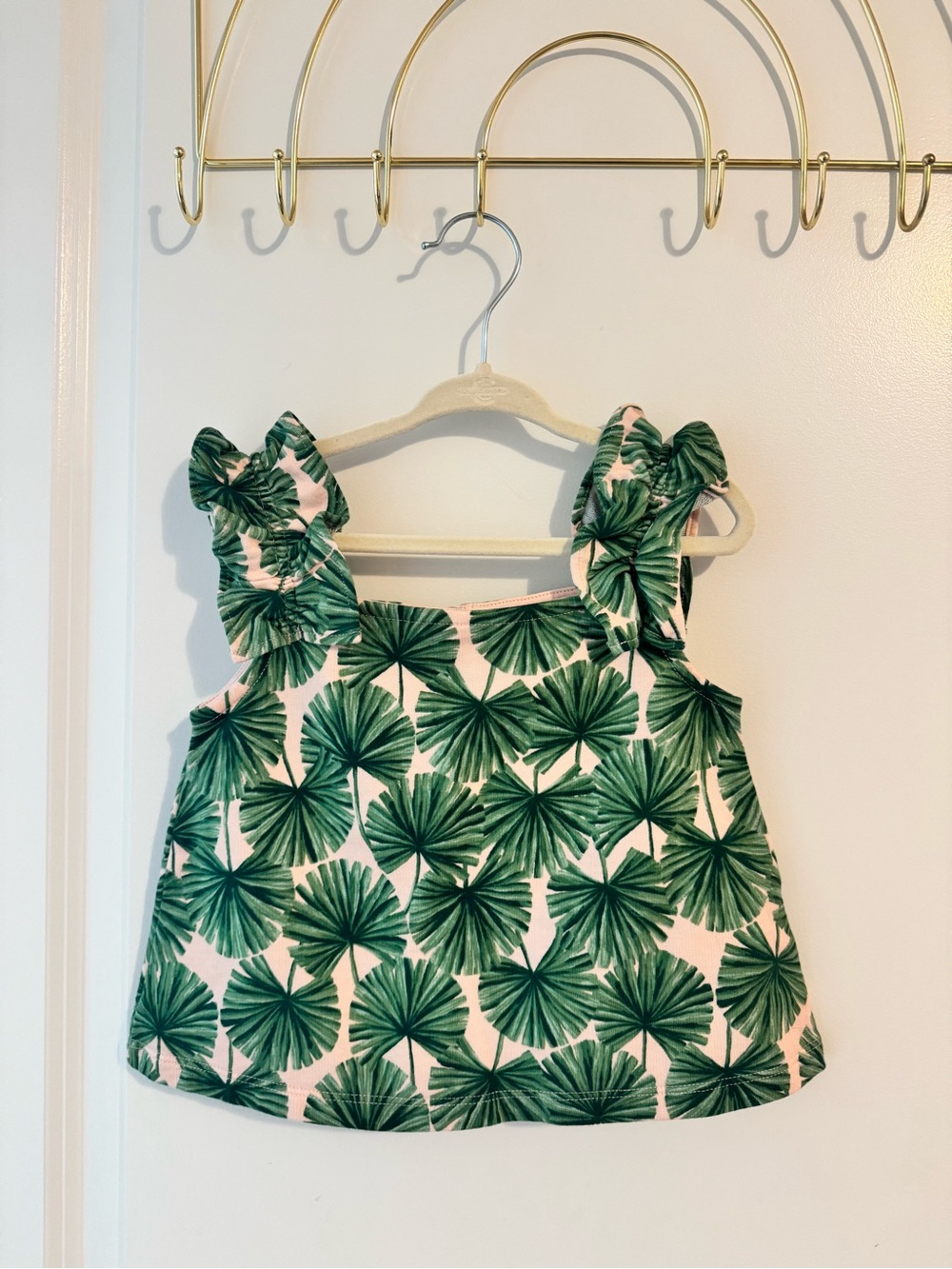 Janie and Jack Pink Tank Top with Green Palm Print and Ruffle Straps